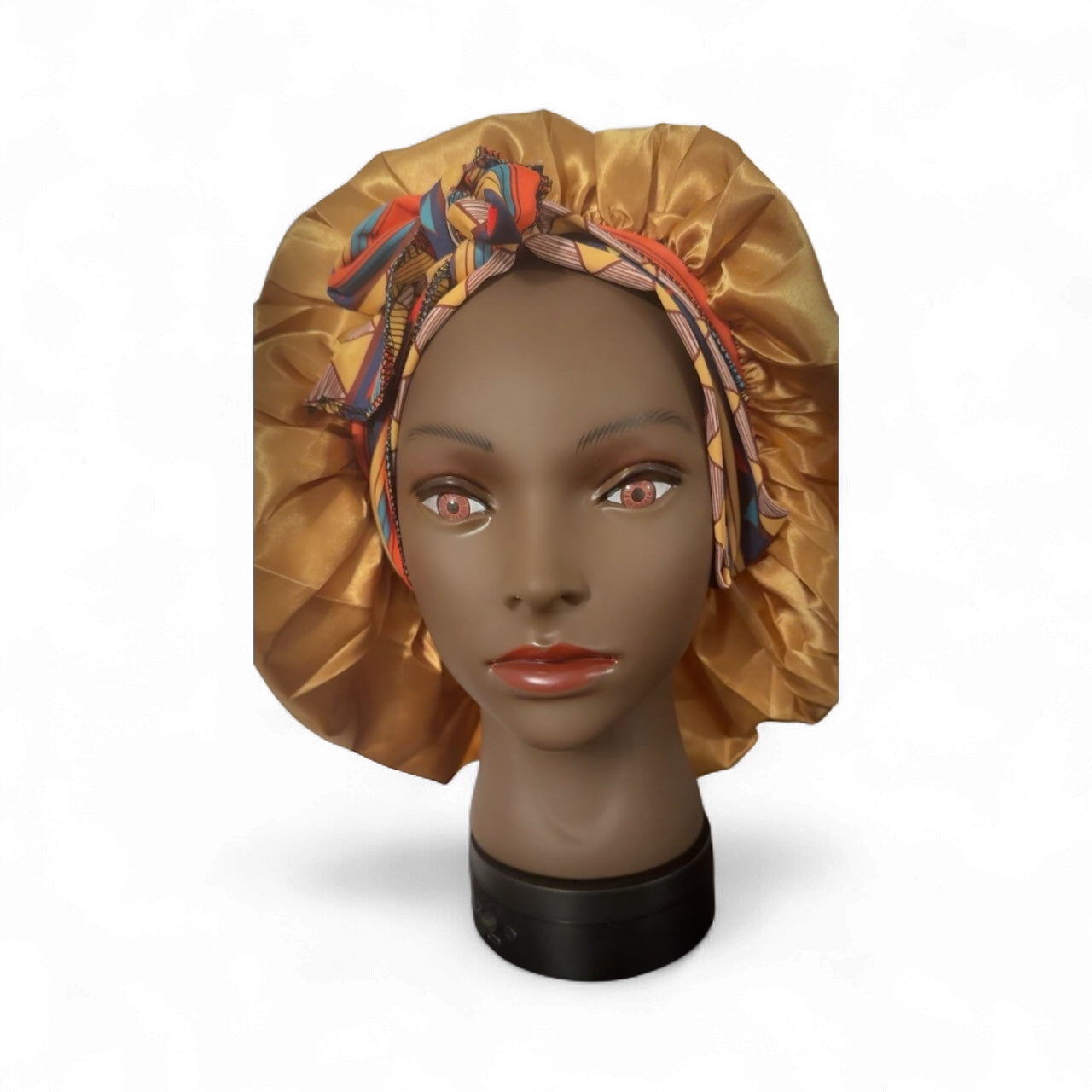 “Bohemian Coffee & Gold Satin Bonnet with African Print Tie – Adjustable Luxury Hair Protection Cap