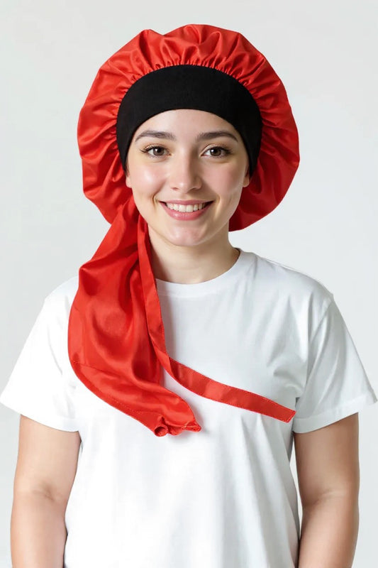 Red Satin Bonnet with Black Band and Flowing Tie