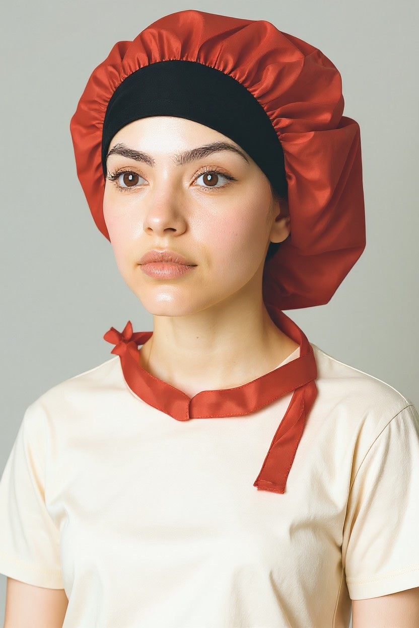 Red Satin Bonnet with Black Band and Flowing Tie