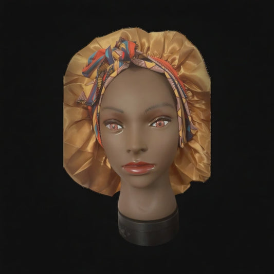 “Bohemian Coffee & Gold Satin Bonnet with African Print Tie – Adjustable Luxury Hair Protection Cap